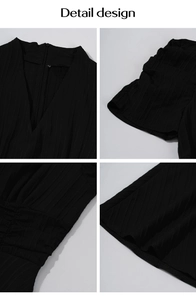 Detail design of black ribbed fabric dress showing V-neck and ruched waist texture