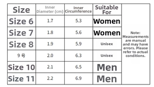 Size chart for Mobius rings showing inner diameter and circumference from size 6 to 11