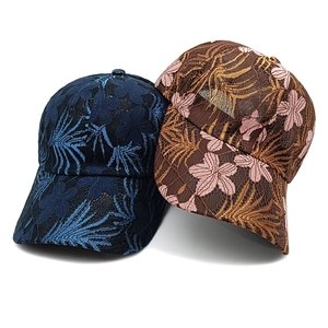 Lace floral baseball caps for women breathable summer sun hats in blue and brown embroidery