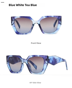 Front and 45-degree angle view of blue and white marble pattern oversized sunglasses