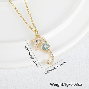 Detailed view of seahorse pendant necklace with blue flowers and size dimensions