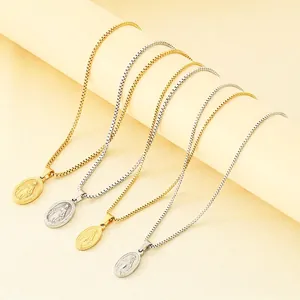 Virgin Mary Miraculous Medal Necklace Stainless Steel 18K Gold Plated Oval Pendant Religious Retro Jewelry For Men Women