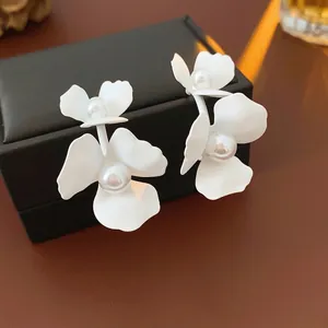 Flower Artificial Pearl Earrings With 925 Sterling Silver Earring Post C Shaped Matte Painted Petal Elegant Jewelry For Women