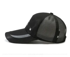 Side view of black mesh baseball cap with Sports embroidery and breathable mesh panels
