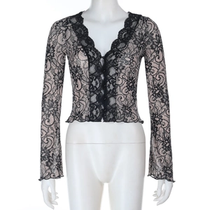 Close-up of intricate floral lace texture and deep V-neckline on this black long sleeve top