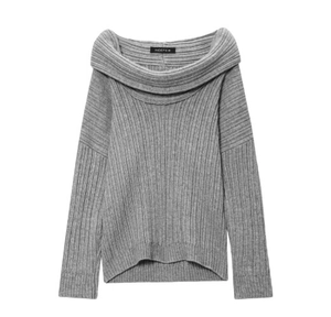 Close-up of gray ribbed knit texture and wide off-shoulder collar on a cozy sweater