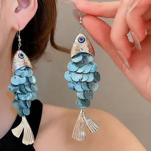 Fish Dangle Earrings Shell Sequin Silver Earring Post Evil Eye Long Scales Beach Vacation Bohemian Fashion Women