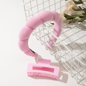 Pink cloud sponge headband and matte hair claw clip set for makeup and face washing