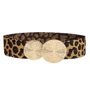 Elastic leopard print waist belt for women with vintage golden double circle metal buckles