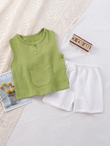 Breathable summer kids' green cotton gauze vest and white shorts pajama set