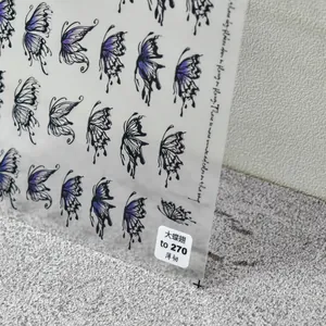 Macro detail of ultra-thin purple butterfly wing nail stickers with fine black outlines
