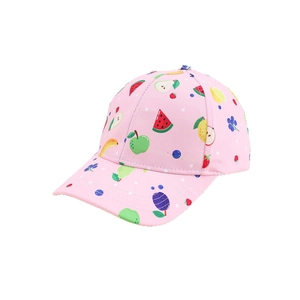 Pink kids' baseball cap featuring colorful cartoon fruit prints for sun protection