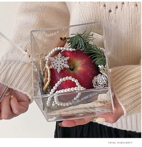 Close-up of clear acrylic Christmas gift box with apple, jewelry, and festive pine decor