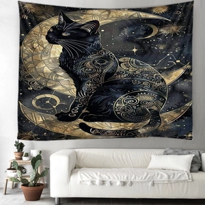 Detail of a celestial cat tapestry with golden moon and sun patterns for wall decor