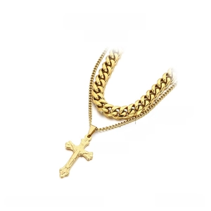 Detailed technical diagram of golden stainless steel double chain cross necklace with dimensions