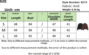 Size chart for V-neck knit cardigan with measurements for S, M, and L sizes