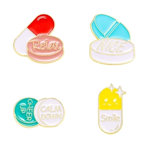 Cartoon colorful enamel pill brooches set with positive quotes on white background