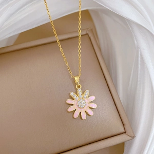 Close-up of pink daisy pendant with sparkling crystals and S925 silver engraving details