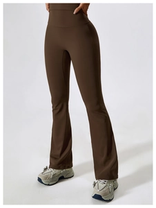 Detail of high waisted dark brown flare yoga pants with wide tummy control waistband
