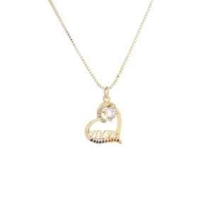 Golden heart-shaped pendant necklace with colorful gems and MOM lettering for Mother's Day