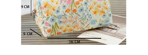 Quilted floral makeup bag detail showing dimensions 16cm by 9cm with colorful flower patterns