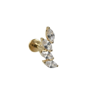 Gold G23 titanium lip stud with marquise cubic zirconia stones in a floral curved design