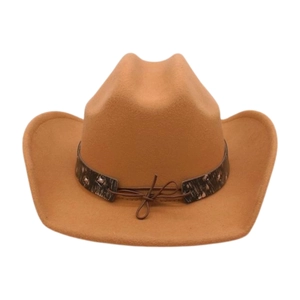Close-up of camel western cowboy hat featuring patterned decorative band and rope bow detail