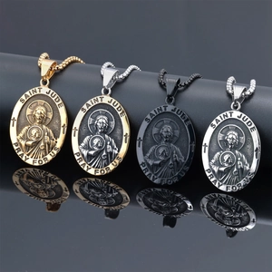 Polished Saint Jude pendant necklaces in gold, silver and black finishes with relief detail