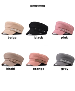 Color display of cotton military caps in beige, black, pink, khaki, orange and grey