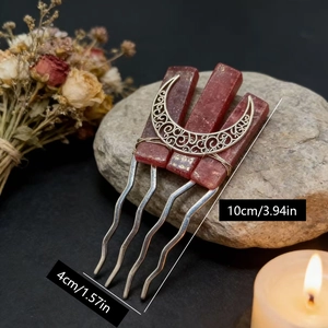 Handmade moon hair comb with red natural crystals and vintage metal wire wrapping