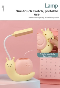 Detail view of cartoon snail LED lamp featuring a toggle switch and USB charging port