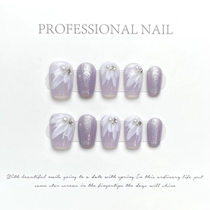 Handmade Press On Nails Lavender Purple Icy Daisy White Flower Hand Painted Artificial Pearl Rhinestone Glitter Glossy Elegant