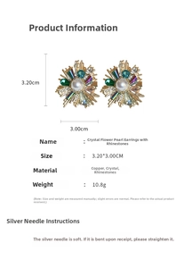 Macro detail of crystal flower pearl earrings showing dimensions 3.20 by 3.00cm and copper base