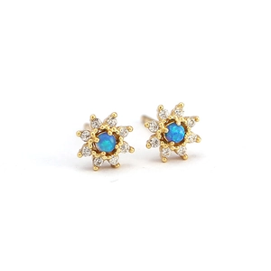 925 sterling silver daisy stud earrings with blue opal and sparkling zircon inlay
