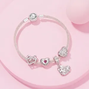 S925 sterling silver heart charm bracelet with pink stones and forever family engraving
