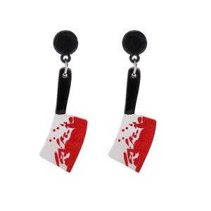 Edgy acrylic cleaver earrings featuring realistic red blood splatter on a white background