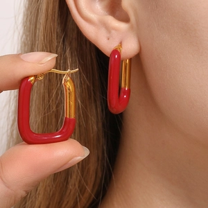 Boucles D'oreilles En Acier Inoxydable En Forme De U Pour Femmes Plaqué Or Géométrique Rectangle Émail Goutte D'huile Bijoux Tendances