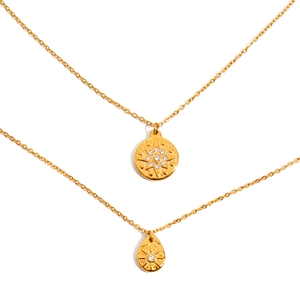 Classic 18K gold plated stainless steel sunburst necklaces with white drop zircon pendants