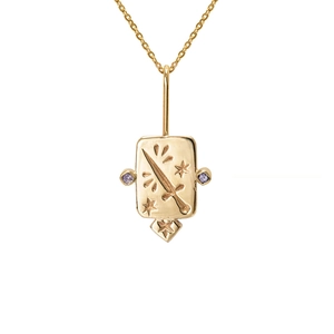 Gold tarot card necklace with sword star engravings and purple zircon stones on white background