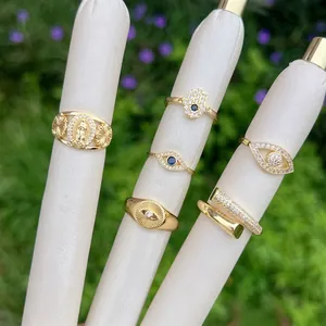 Evil Eye Hamsa Hand Adjustable Ring 18K Gold Plated Copper Zircon Vintage Ethnic Bohemian Jewelry For Women
