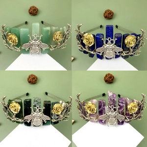 Natural Crystal Stone Crown Headband With Metal Bee Rose Flower Branch Forest Style Gothic Tiara For Women
