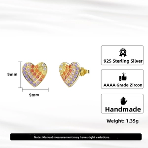 Detailed close-up of 925 sterling silver heart earrings with colorful zircon stones