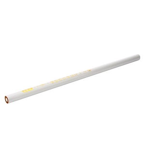 Detailed macro view of a 18cm white pencil with gold lettering and a red-brown core