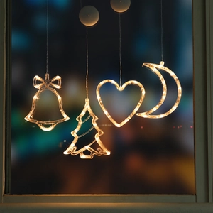 Hanging warm LED window lights with suction cups featuring star and Christmas tree shapes