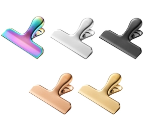 Detailed close-up of stainless steel sealing clips in five multi-colored metallic finishes
