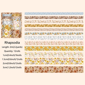 Detailed size guide for 12 rolls of vintage floral washi tape with varied widths