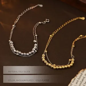 Double-layered S925 sterling silver beaded bracelet with diamond-cut beads and chain