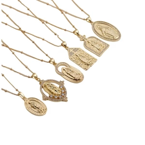 Detailed set of golden Virgin Mary pendants with cubic zirconia and bead chains
