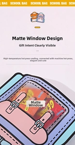 Detail of school bag shape snack pouch with matte window and heat-pressed sealing edge
