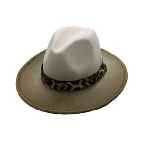 Detail of fedora hat showing leopard print band and olive green brim texture